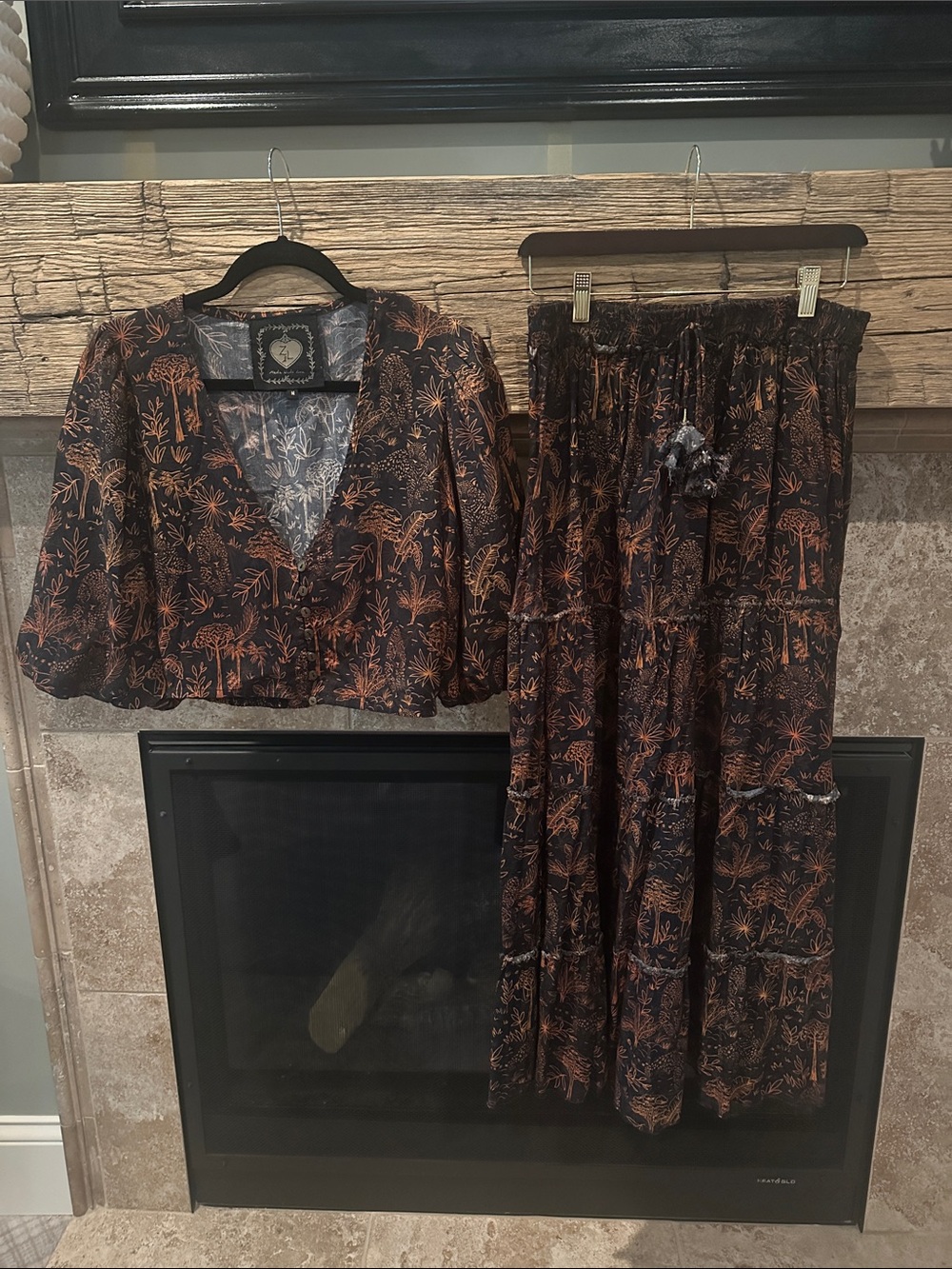 Matching Shirt/ Skirt Set - Boho Floral Tiger Design in Black and Rust